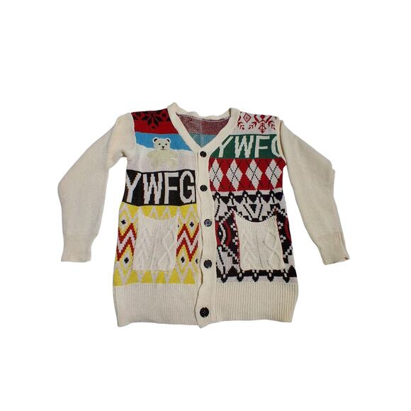 Vintage YWFG Dopamine Grandpa Cable Knit Preppy Festival Bear Cardigan Sweater - Picture 10 of 12